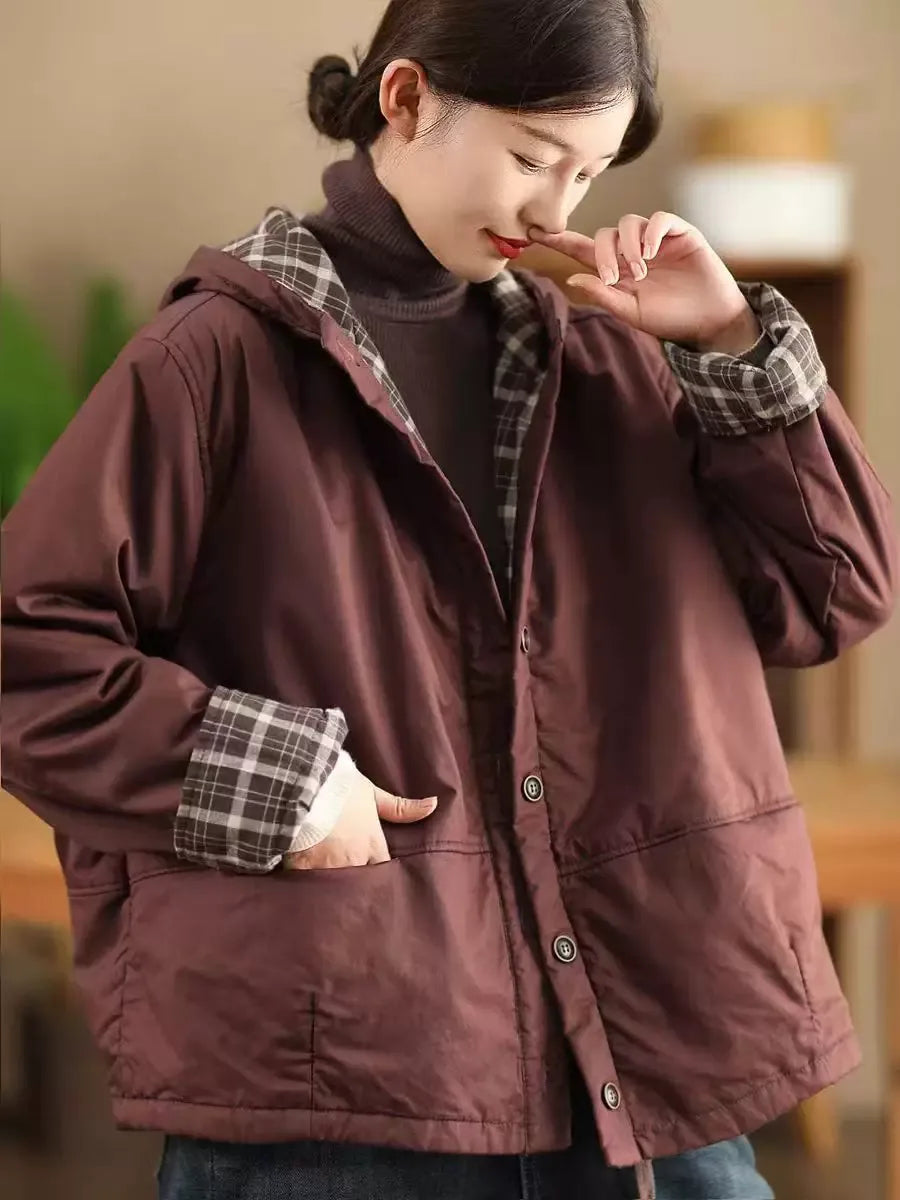 Hooded Padded Jacket with Contrast Plaid Lining