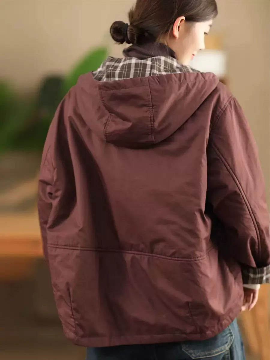 Hooded Padded Jacket with Contrast Plaid Lining
