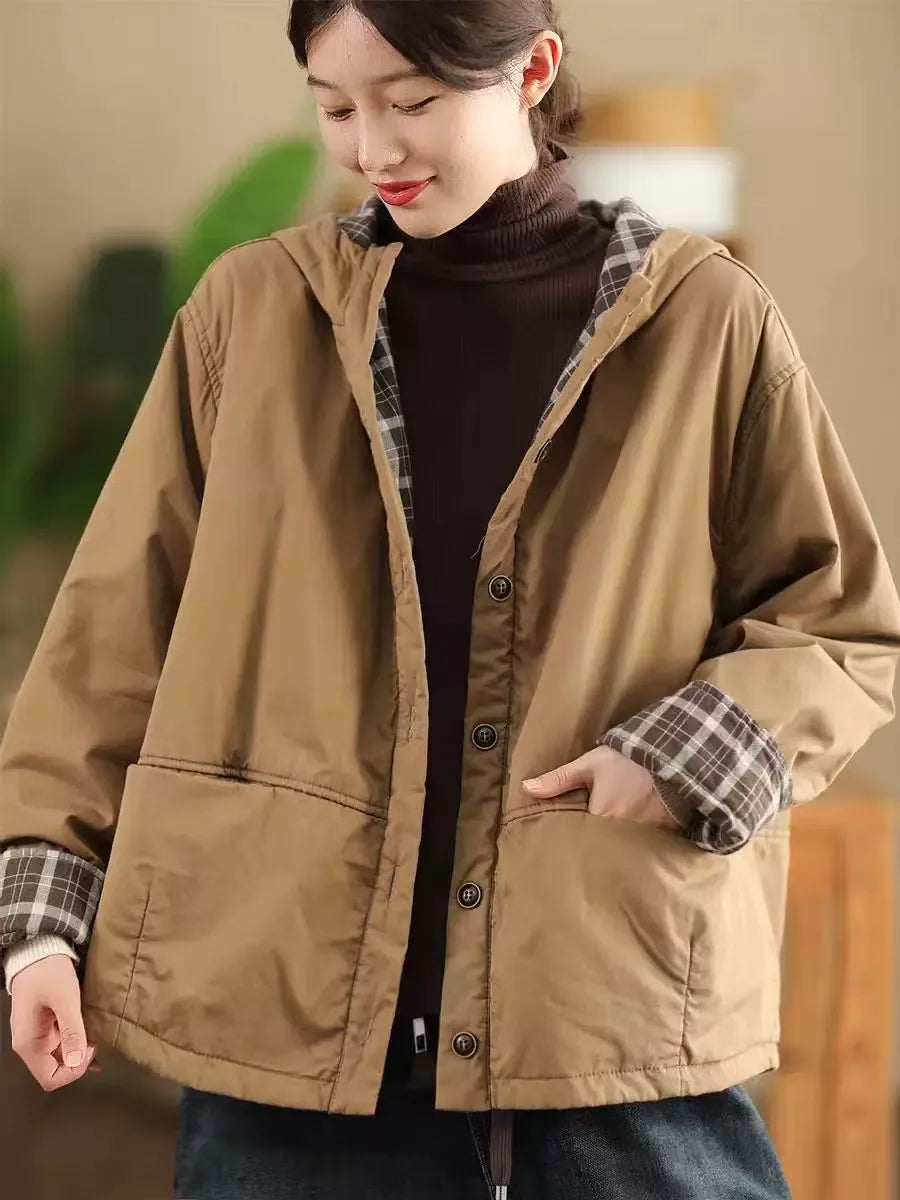 Hooded Padded Jacket with Contrast Plaid Lining