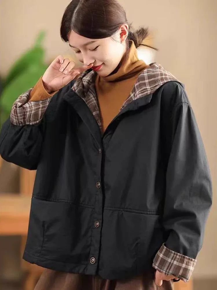 Hooded Padded Jacket with Contrast Plaid Lining