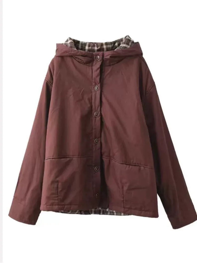 Hooded Padded Jacket with Contrast Plaid Lining