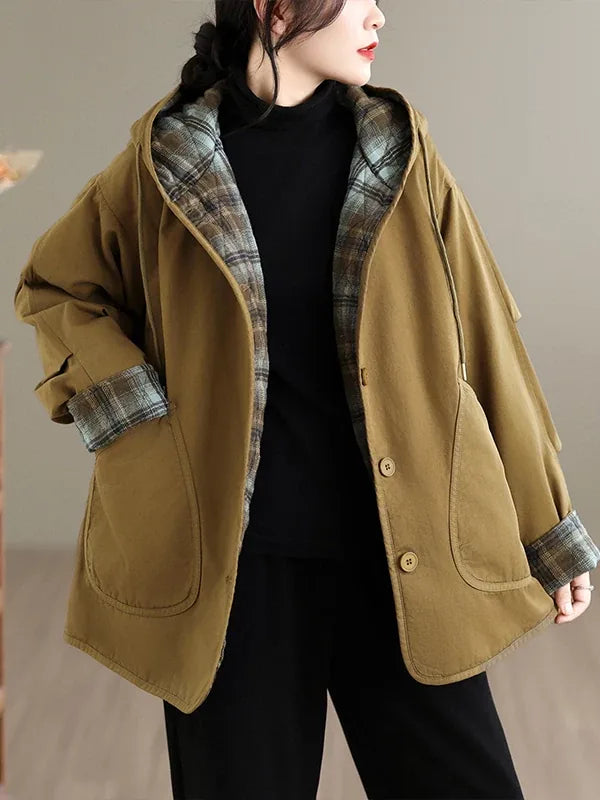 Hooded Padded Jacket with Plaid Contrast Cuffs and Patch Pockets
