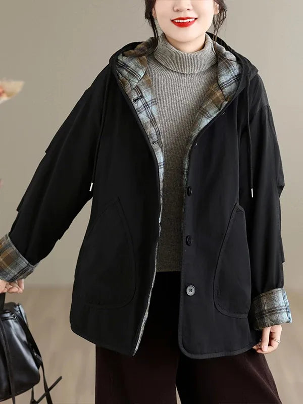 Hooded Padded Jacket with Plaid Contrast Cuffs and Patch Pockets