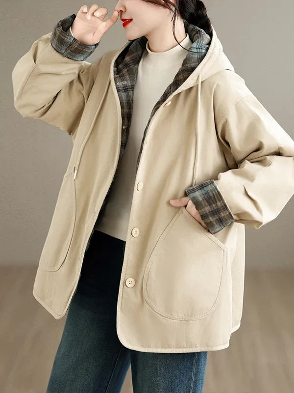 Hooded Padded Jacket with Plaid Contrast Cuffs and Patch Pockets