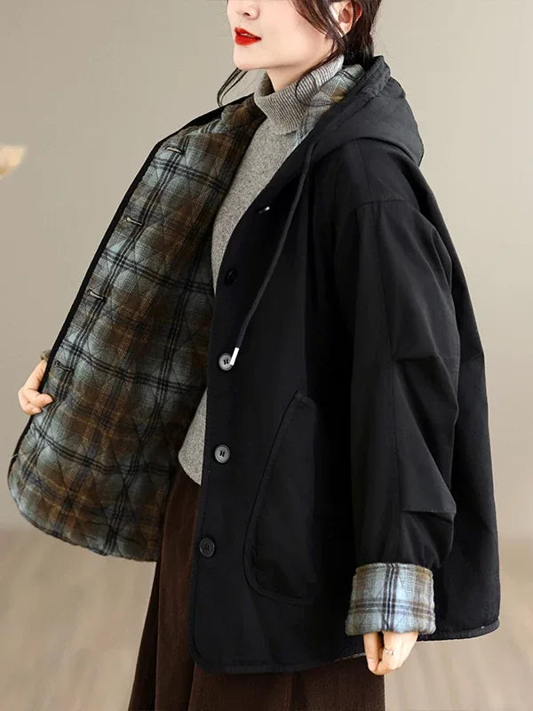 Hooded Padded Jacket with Plaid Contrast Cuffs and Patch Pockets