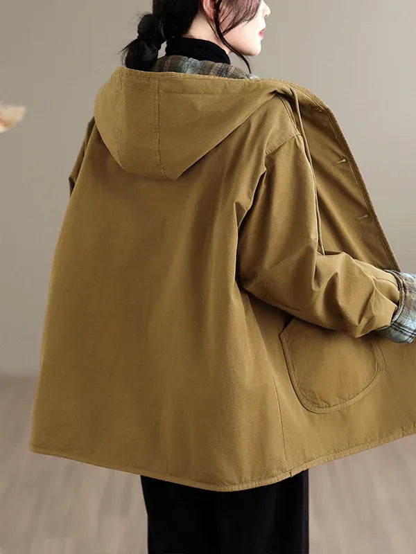 Hooded Padded Jacket with Plaid Contrast Cuffs and Patch Pockets
