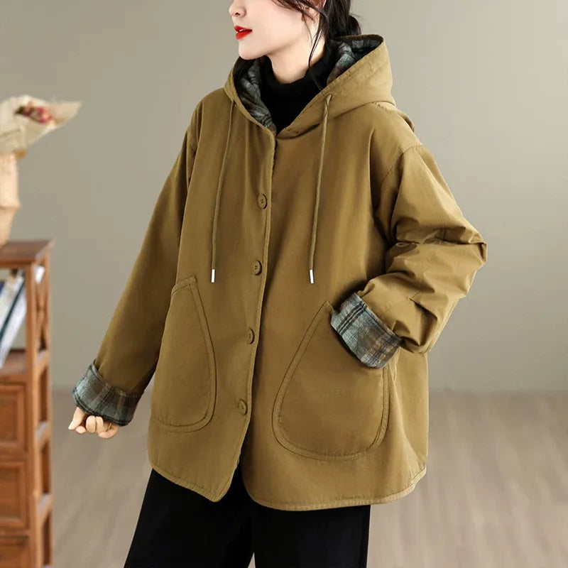 Hooded Padded Jacket with Plaid Contrast Cuffs and Patch Pockets