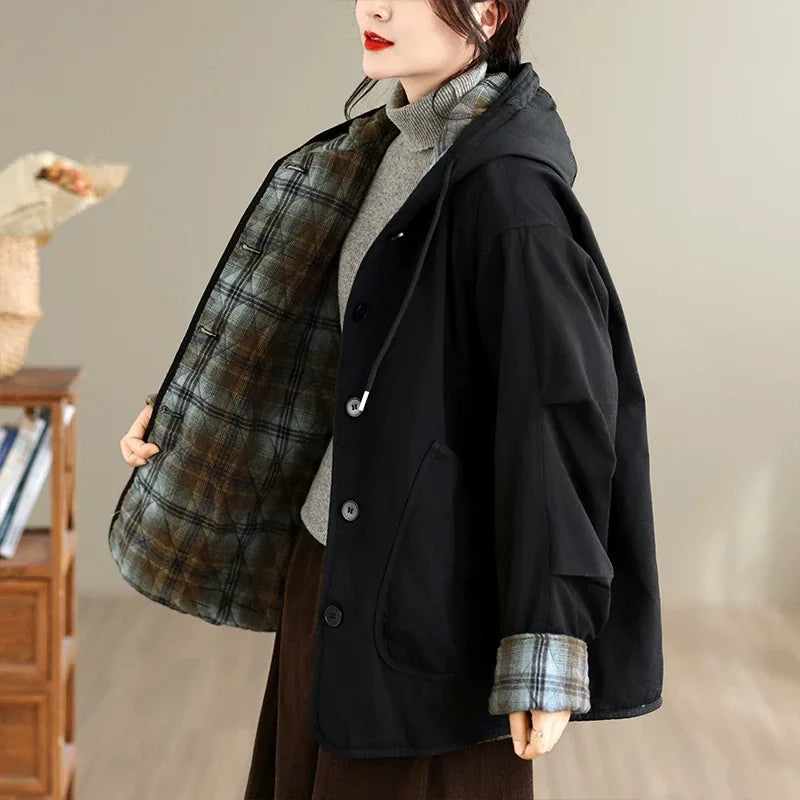 Hooded Padded Jacket with Plaid Contrast Cuffs and Patch Pockets