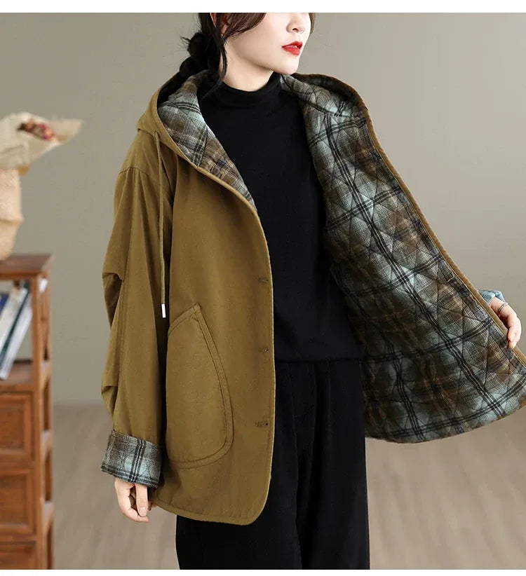 Hooded Padded Jacket with Plaid Contrast Cuffs and Patch Pockets