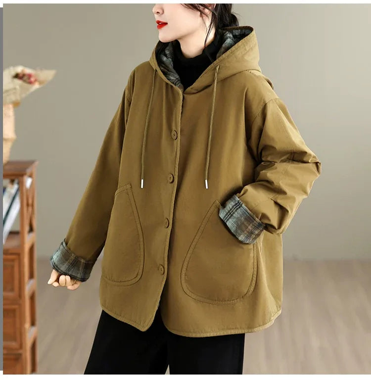 Hooded Padded Jacket with Plaid Contrast Cuffs and Patch Pockets