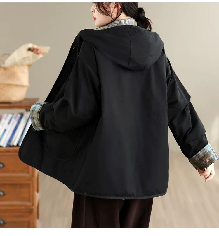 Hooded Padded Jacket with Plaid Contrast Cuffs and Patch Pockets