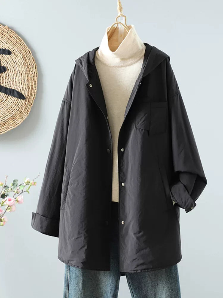 Hooded Padded Jacket with Snap Cuffs and Patch Pocket