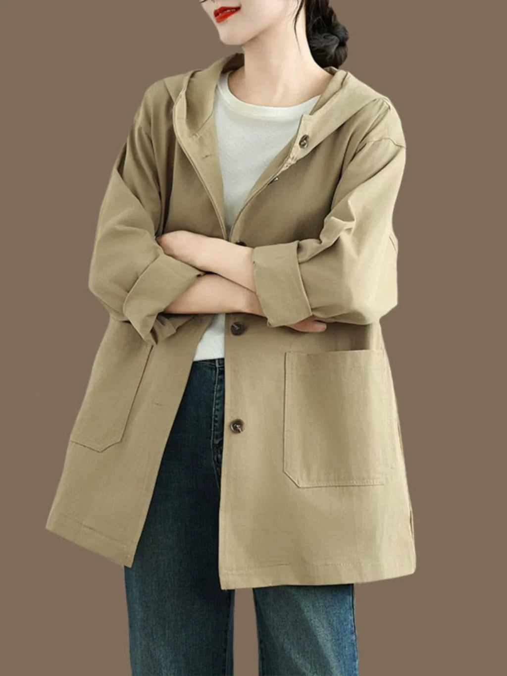 Hooded Patch Pocket Button Front Jacket