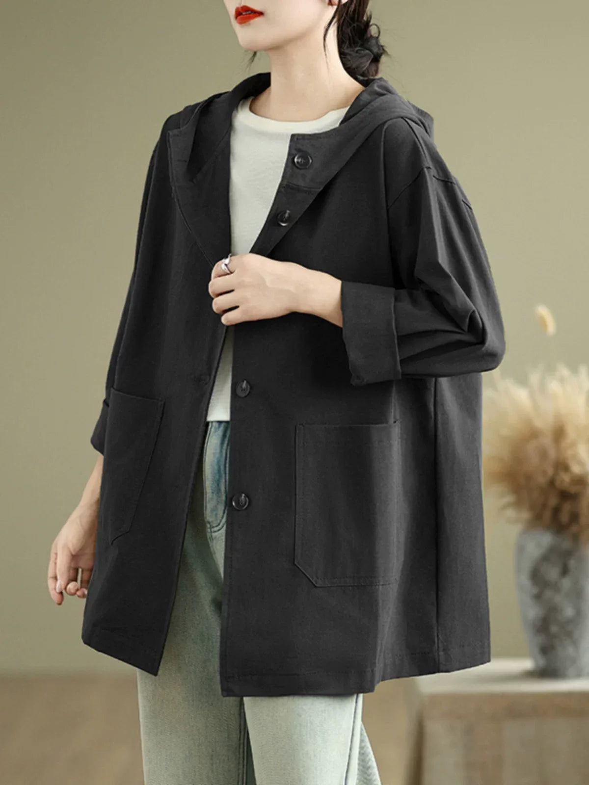 Hooded Patch Pocket Button Front Jacket