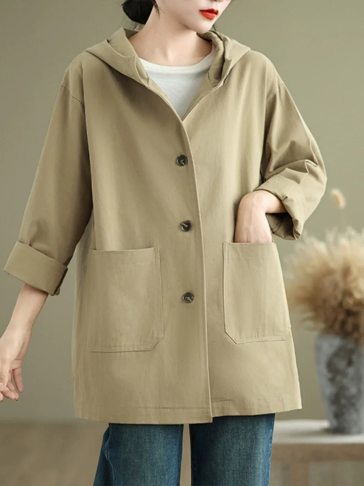 Hooded Patch Pocket Button Front Jacket