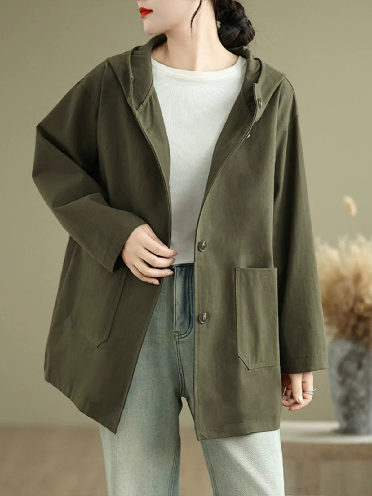 Hooded Patch Pocket Button Front Jacket