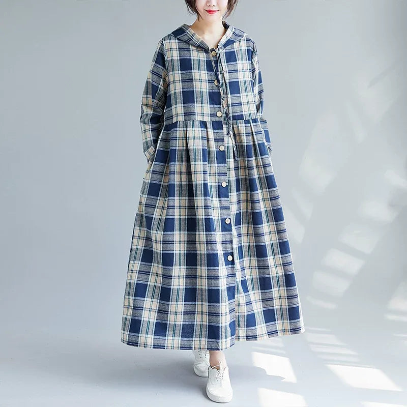 Hooded Plaid Button Down Maxi Dress