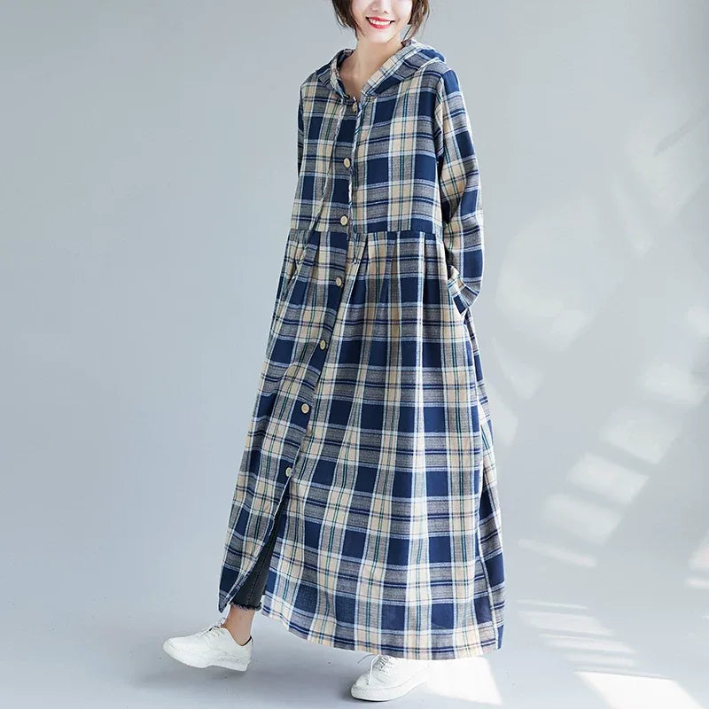 Hooded Plaid Button Down Maxi Dress