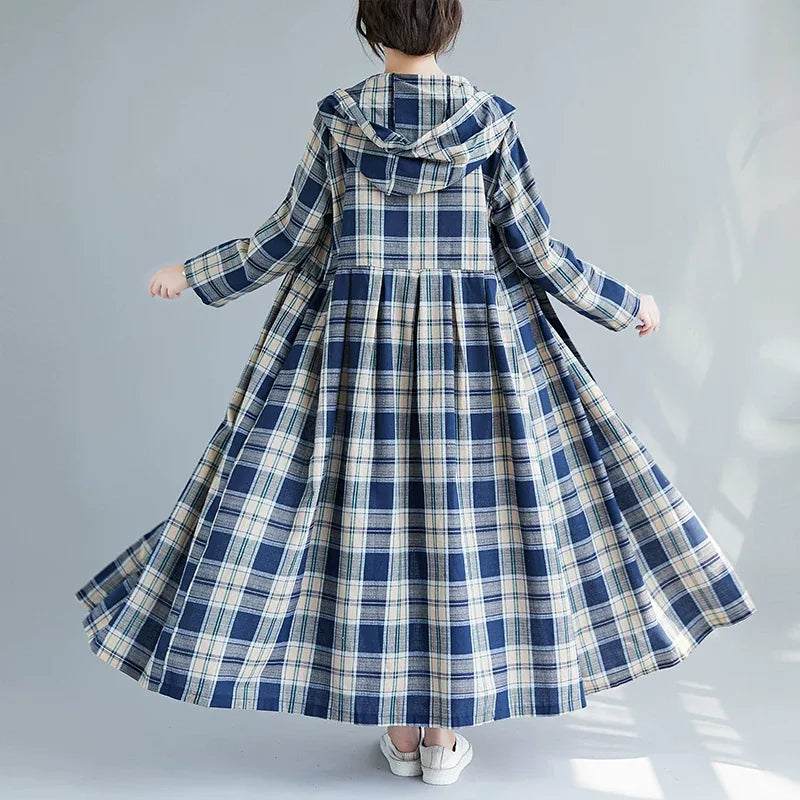 Hooded Plaid Button Down Maxi Dress