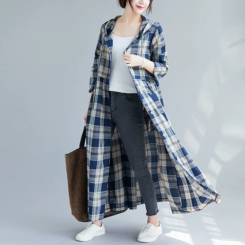 Hooded Plaid Button Down Maxi Dress