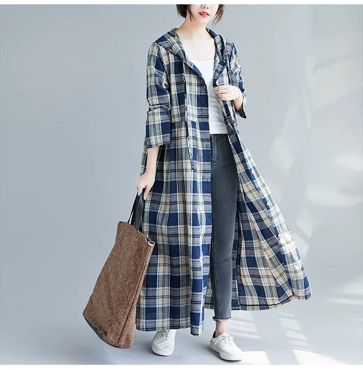 Hooded Plaid Button Down Maxi Dress
