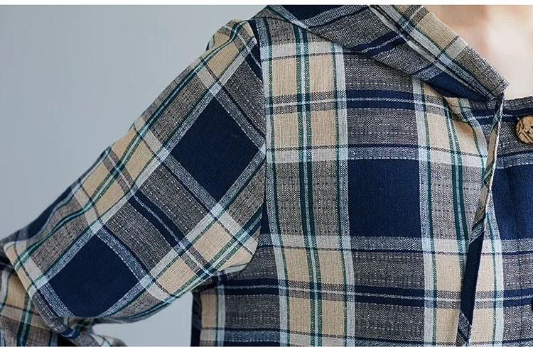 Hooded Plaid Button Down Maxi Dress