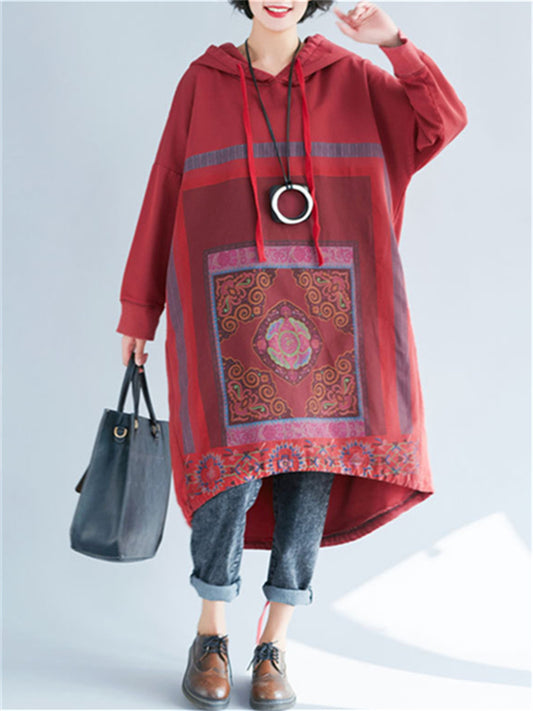 Hooded Printed Casual Fall Denim Long Sleeve Dress