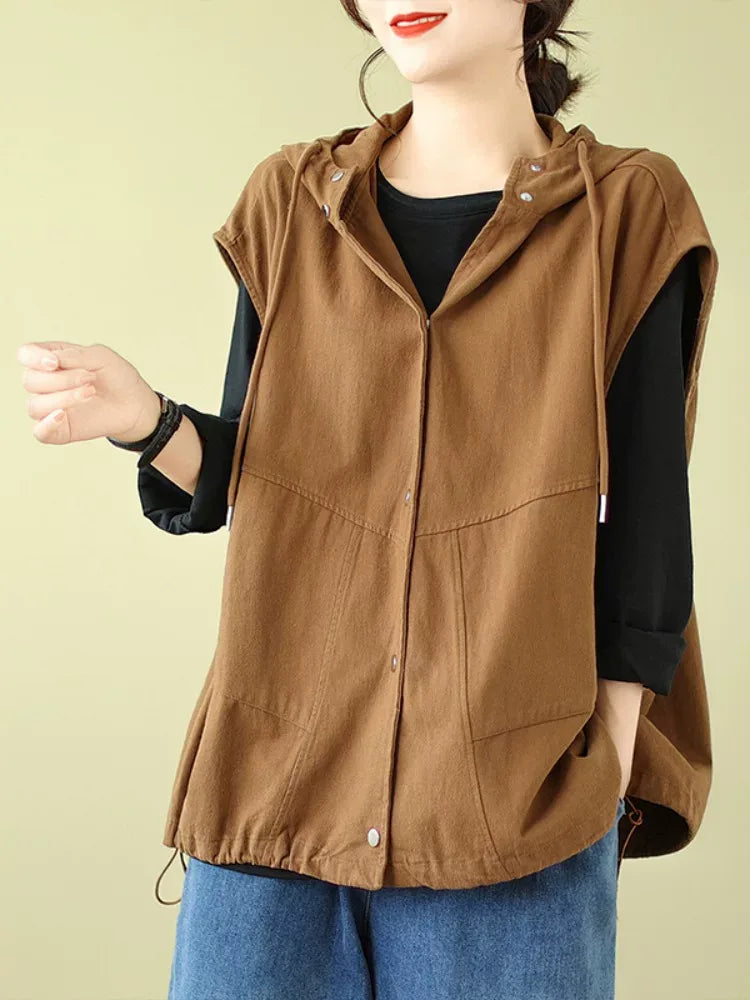 Hooded Snap Button Vest with Patch Pockets