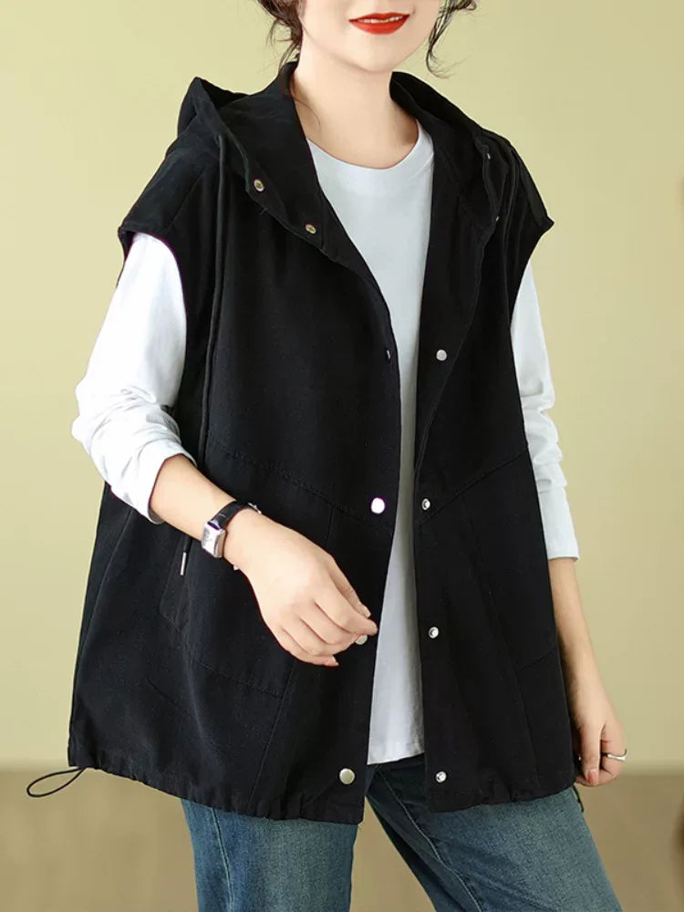 Hooded Snap Button Vest with Patch Pockets