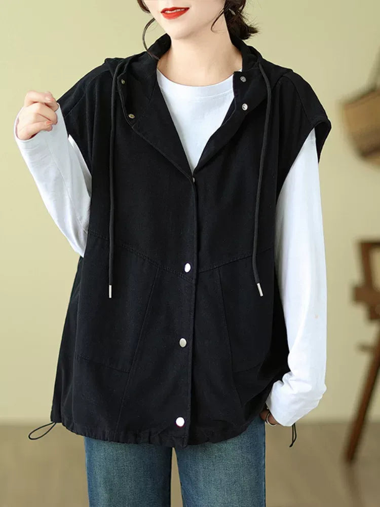 Hooded Snap Button Vest with Patch Pockets