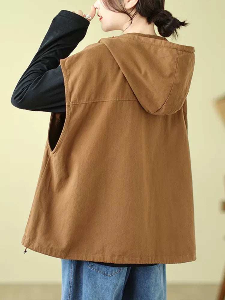 Hooded Snap Button Vest with Patch Pockets
