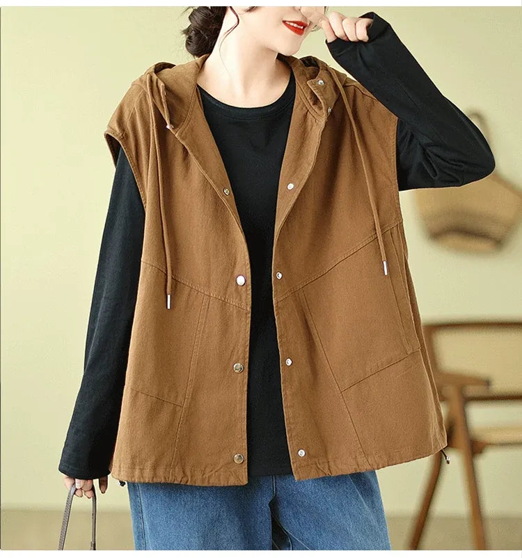 Hooded Snap Button Vest with Patch Pockets