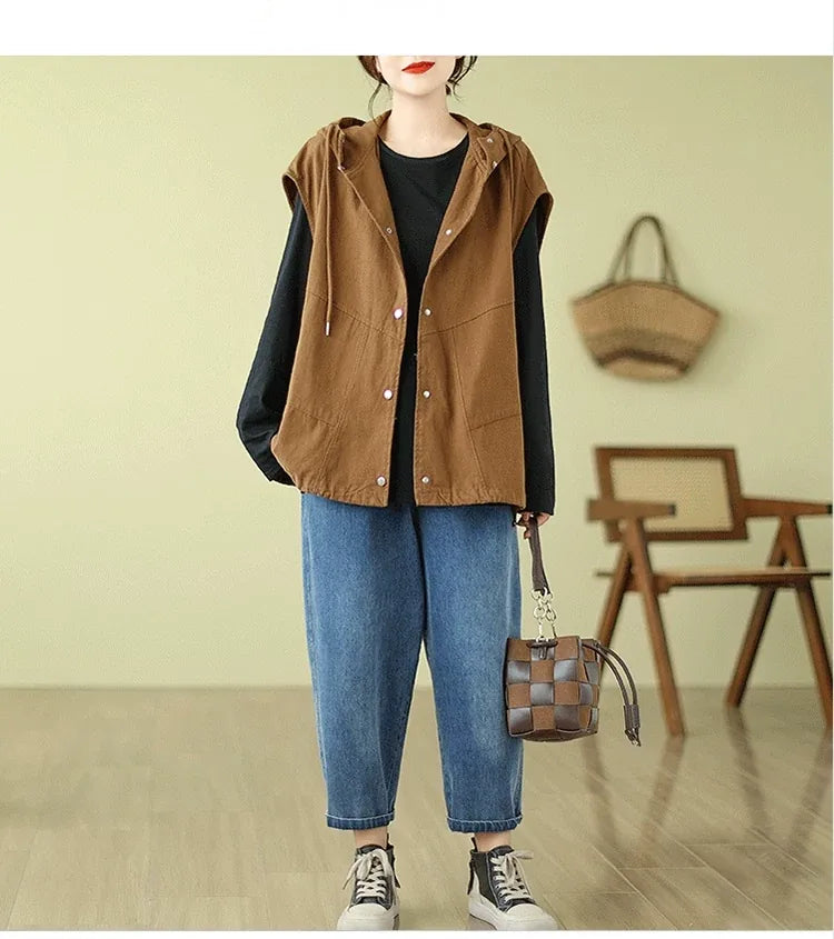 Hooded Snap Button Vest with Patch Pockets