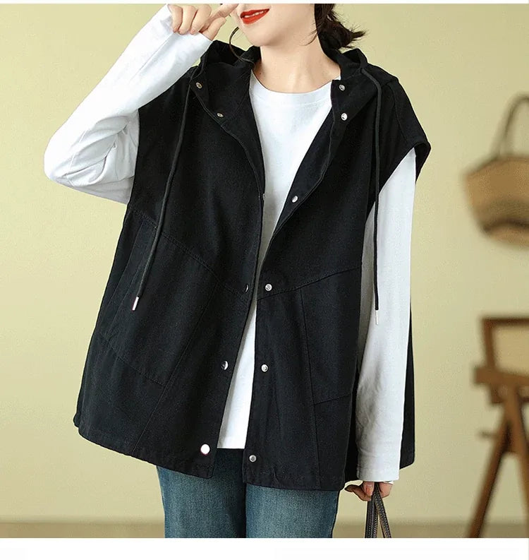 Hooded Snap Button Vest with Patch Pockets