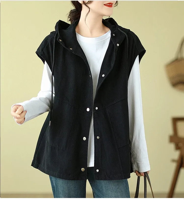 Hooded Snap Button Vest with Patch Pockets
