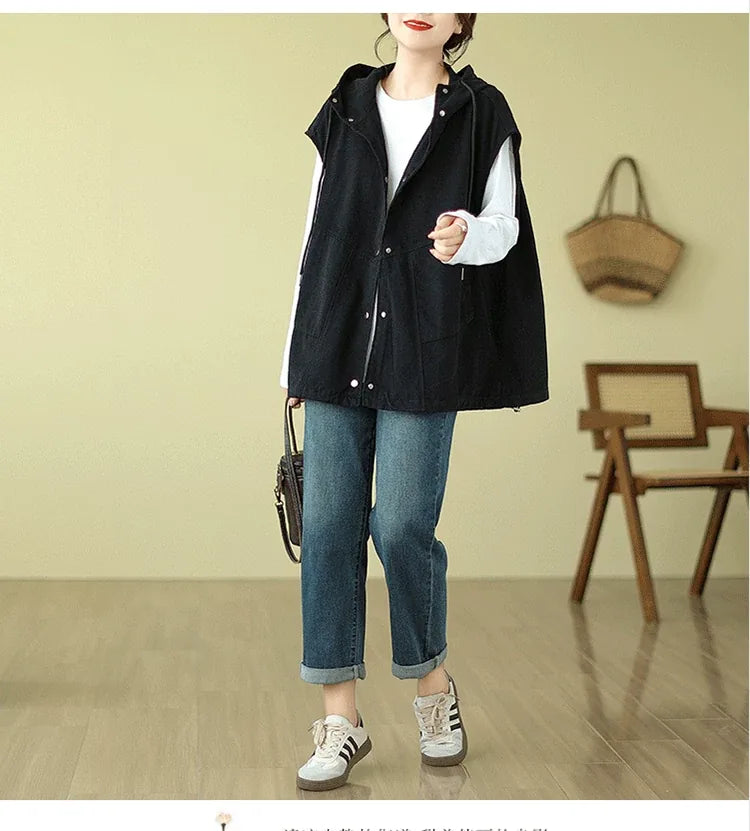 Hooded Snap Button Vest with Patch Pockets
