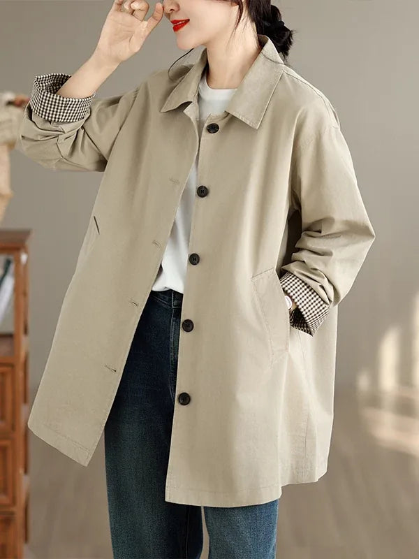 Houndstooth Lined Longline Jacket Shirt Collar Front Button