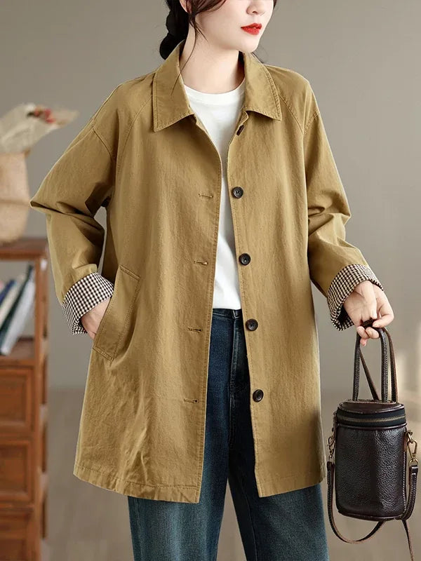 Houndstooth Lined Longline Jacket Shirt Collar Front Button