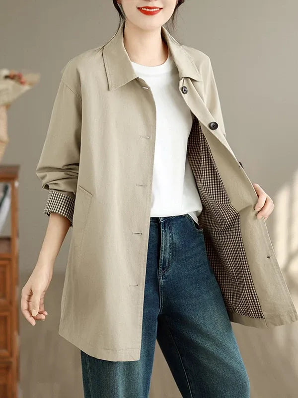 Houndstooth Lined Longline Jacket Shirt Collar Front Button
