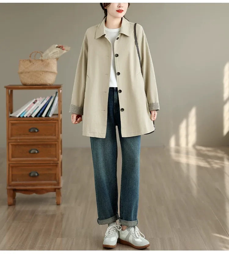 Houndstooth Lined Longline Jacket Shirt Collar Front Button