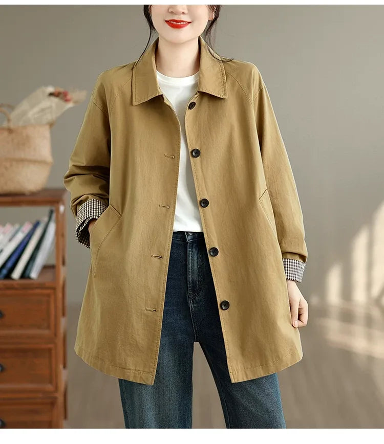 Houndstooth Lined Longline Jacket Shirt Collar Front Button