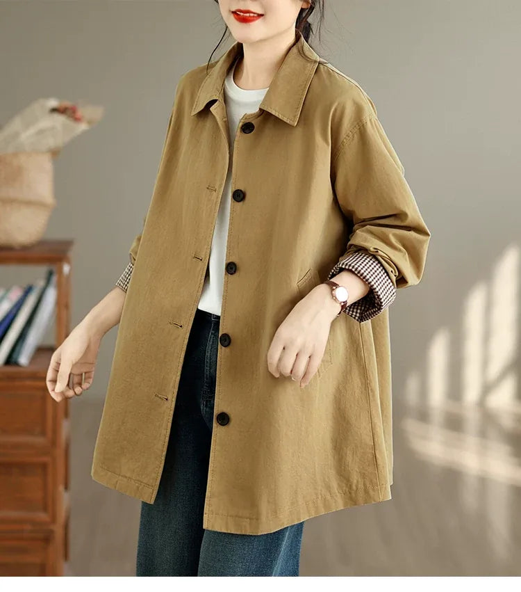 Houndstooth Lined Longline Jacket Shirt Collar Front Button