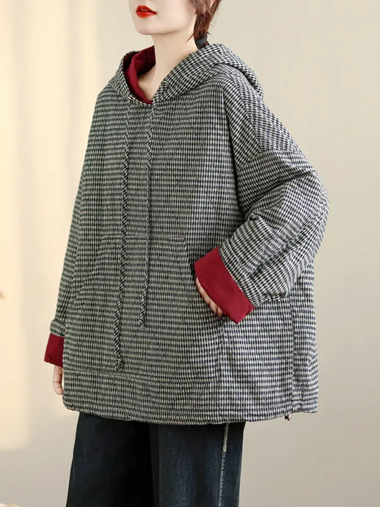 Houndstooth Quilted Hooded Padded Jacket