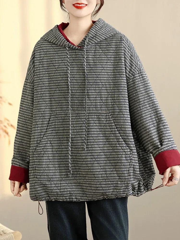 Houndstooth Quilted Hooded Padded Jacket