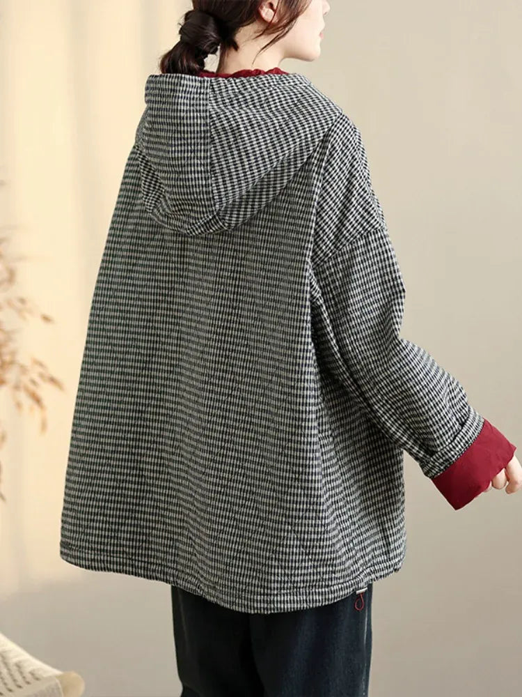 Houndstooth Quilted Hooded Padded Jacket