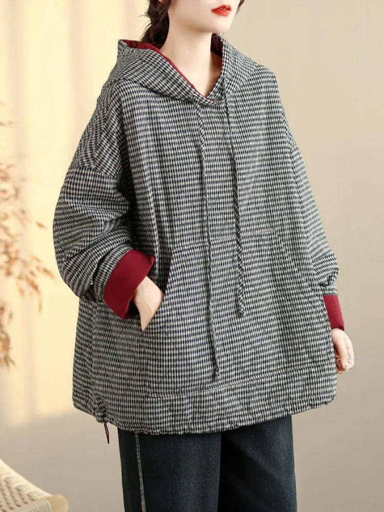Houndstooth Quilted Hooded Padded Jacket