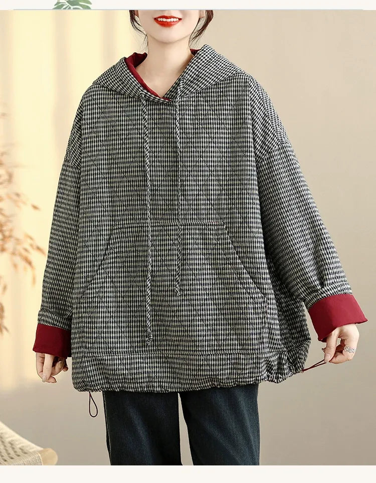 Houndstooth Quilted Hooded Padded Jacket