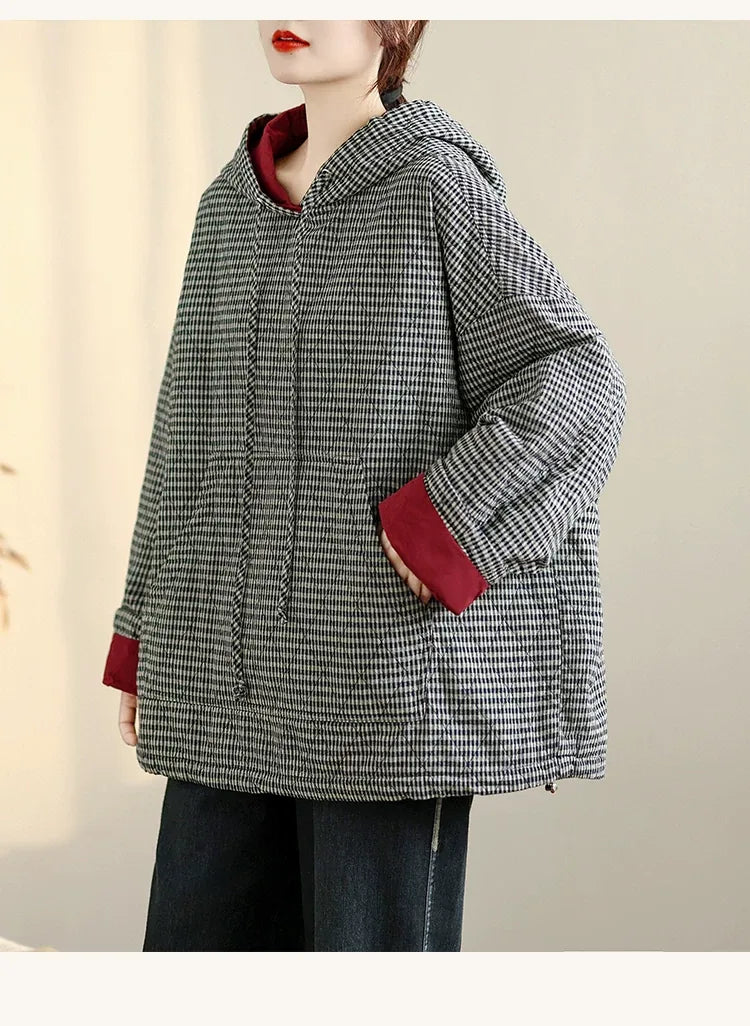 Houndstooth Quilted Hooded Padded Jacket