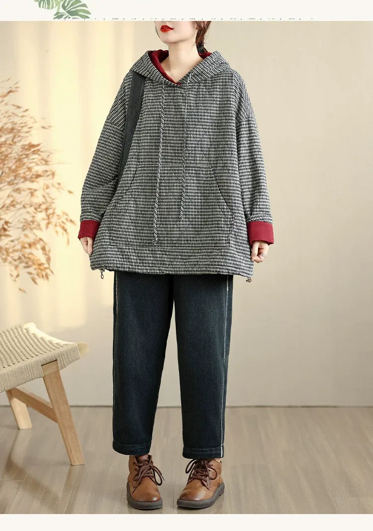Houndstooth Quilted Hooded Padded Jacket