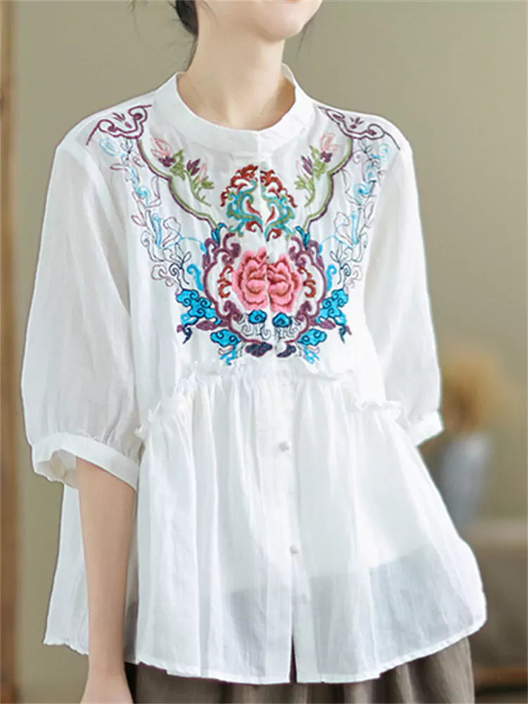 Intricate Embroidered Ramie Babydoll Blouse with Mandarin Collar and Ruffles